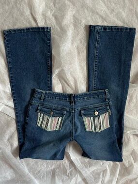 Y2K Women’s Dark Blue Jeans with Striped Pocket Detail